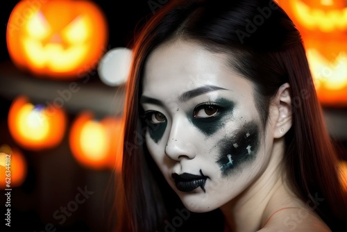 Halloween concept. Asian woman white makeup  black wounds  dead injuries