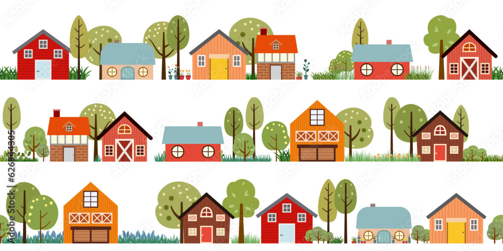 seamless vector banner with rural panoramic scene. countryside village ...