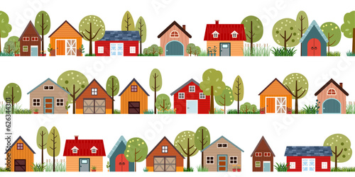 frame border landscape barn farm, house and tree greenery vector icons in a row.  illustration seamless