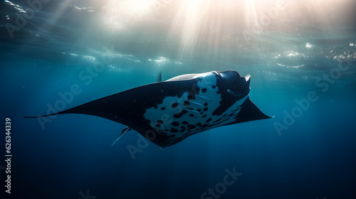 giant oceanic manta ray (Mobula birostris) swimming in the deep waters of the Atlantic Ocean photo