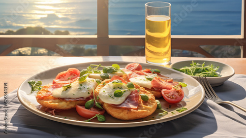 summer breakfast on the balcony, soft morning light, a glass of juice, potato pancakes on a plate with prosciutto or jamon and mozzarella, arugula, green basil leaves. Spanish and Italian appetizer