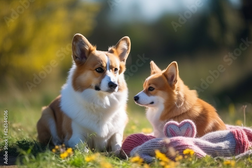 Cute corgi dogs sit together outdoor  knitted red and pink hearts around. Generated ai.