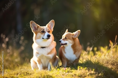 Cute fluffy friends corgi dogs spend time together at sunny summer garden. Generated ai