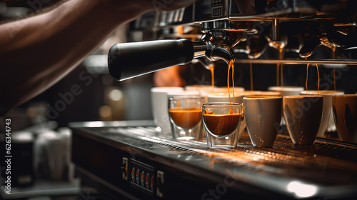 Barista prepares a hot shot of espresso the coffee dripping down. Generative Ai