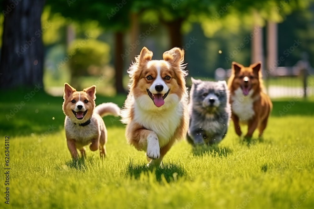A large group of dogs running in the summer through the green valley. Generated ai