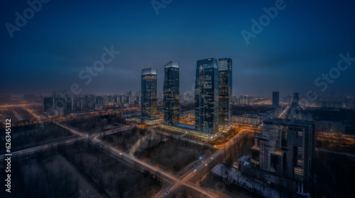 Modern city. Evening illumination. High buildings. Beautiful sky. Interesting city architecture