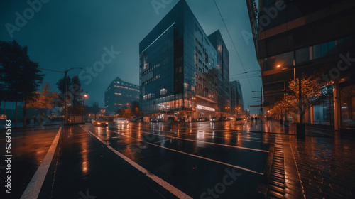 Modern city. Evening illumination. High buildings. Beautiful sky. Interesting city architecture