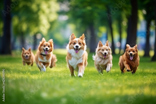 A large group of dogs running in the summer through the green valley. Generated ai