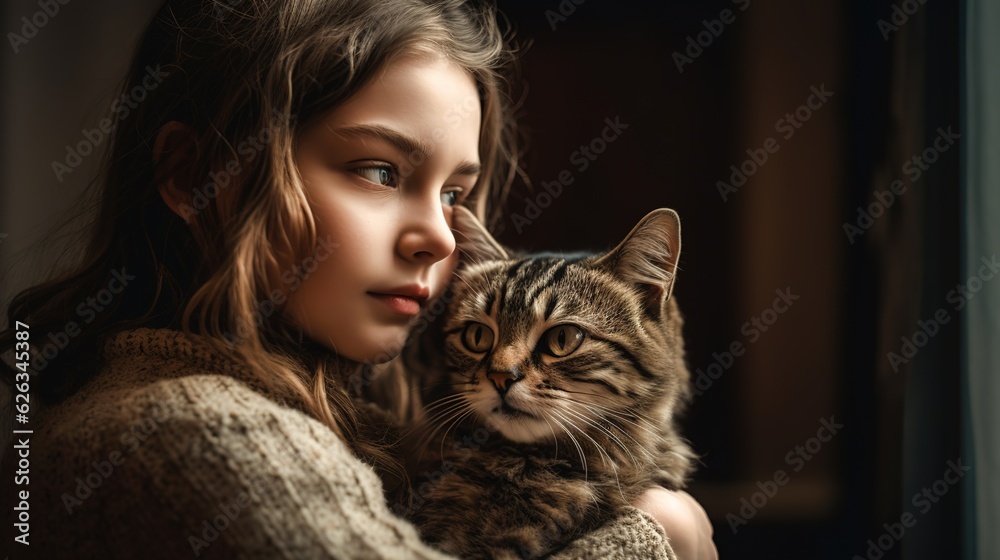 Young cute curly girl in a knitted sweater hugs a cute tabby cat