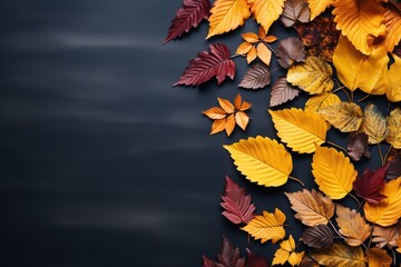 Autumn leaves background on a dark surface top view with copyspace