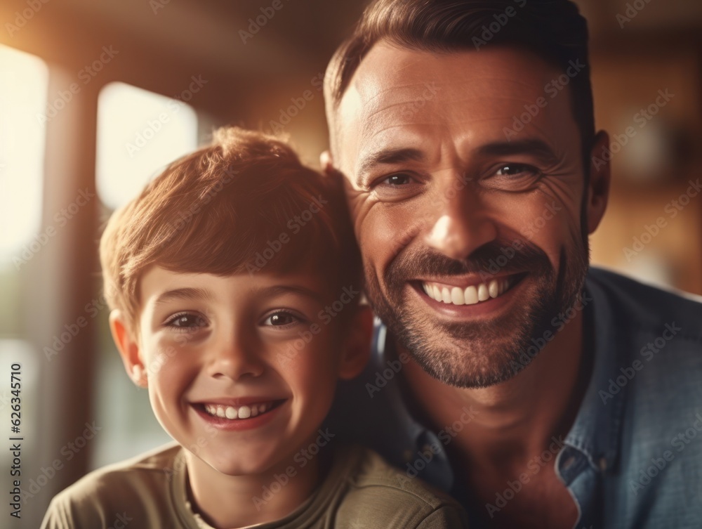 Happy Father Day. Father and son smiling happily. Generative AI Happy Father Day. Father and son smiling happily. Generative AI