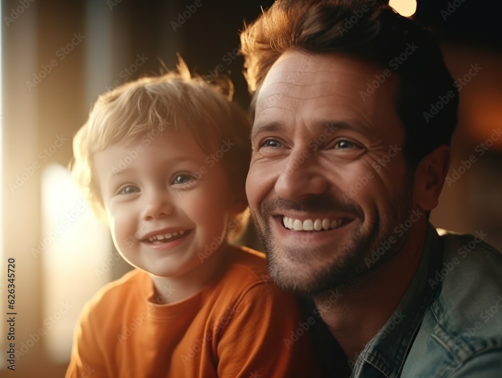 Happy Father Day. Father and son smiling happily. Generative AI Happy Father Day. Father and son smiling happily. Generative AI