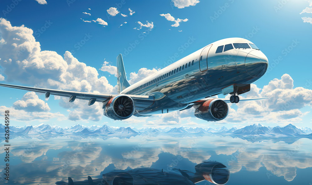 High flying passenger plane in the blue sky with clouds. High flying passenger plane in the blue sky with clouds.
