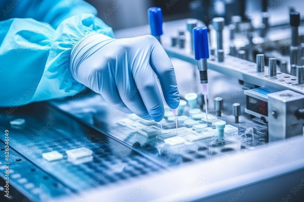 Hand with sanitary gloves check medical vials on production line at pharmaceutical factory. Generated ai Hand with sanitary gloves check medical vials on production line at pharmaceutical factory. Generated ai