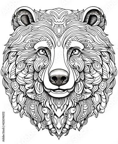 Mandala, black and white illustration for coloring animals, bear.
