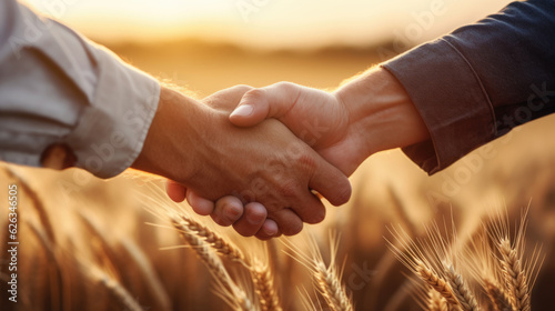 Tablou canvas Two farmers shake hands in front of a wheat field.