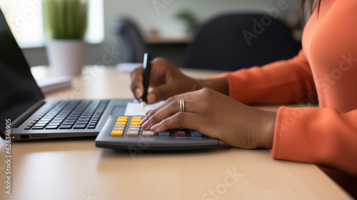 Closeup image of a business woman s hands working and typing on laptop keyboard on table. Created with Generative AI technology.