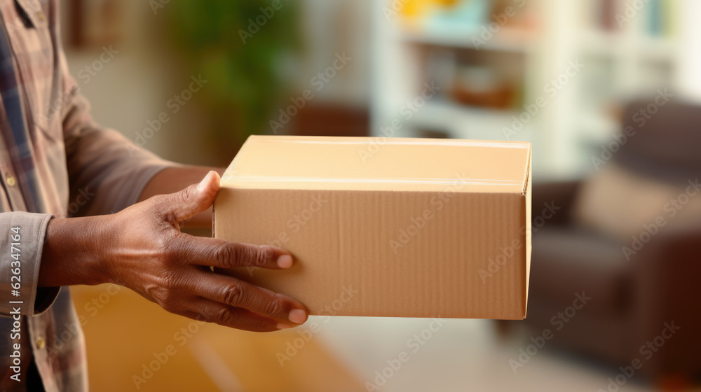 Man holds a box with a package inside. Created with Generative AI technology. Man holds a box with a package inside. Created with Generative AI technology.