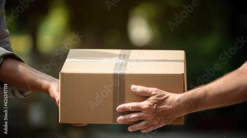 The delivery person hands the customer his box with the parcel inside. Created with Generative AI technology. © MP Studio