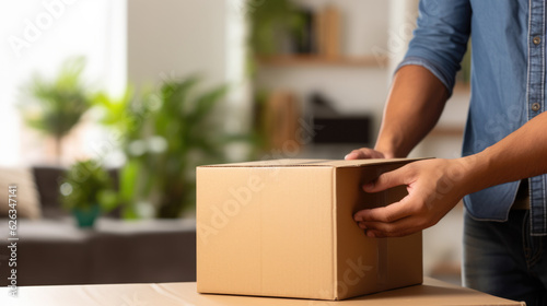 Man holds a box with a package inside. Created with Generative AI technology. © MP Studio