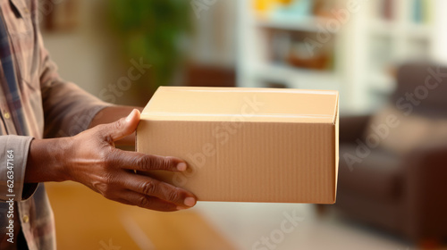 Man holds a box with a package inside. Created with Generative AI technology. © MP Studio