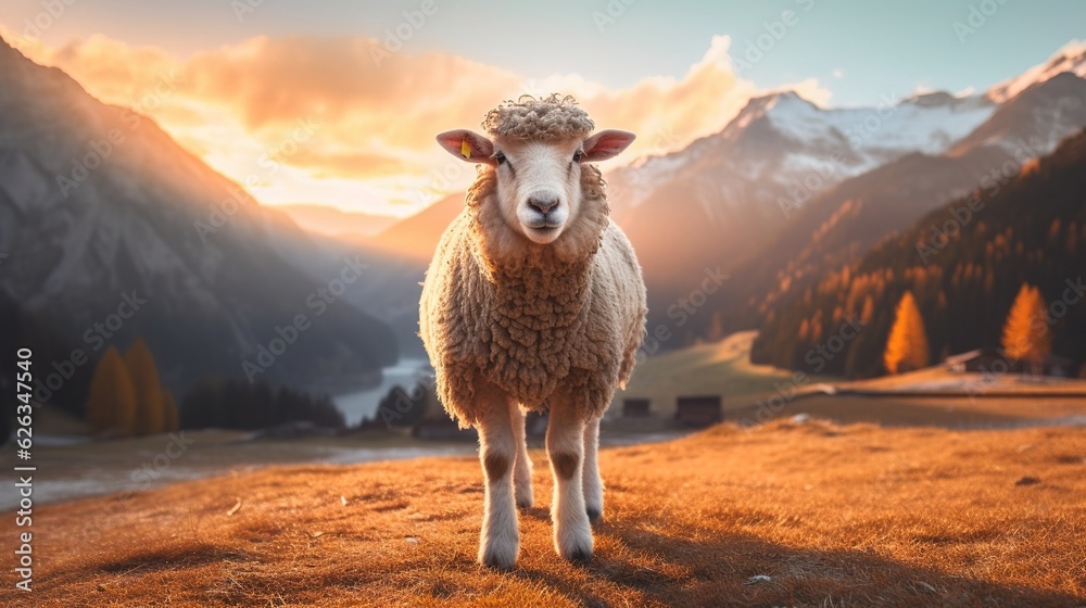 Naklejka premium Sunrise Serenity in the Dolomites: A High-Resolution Capture of Grazing Sheep, Majestic Mountain Peaks, and Mystical Morning Mist under a Pastel Dawn Sky