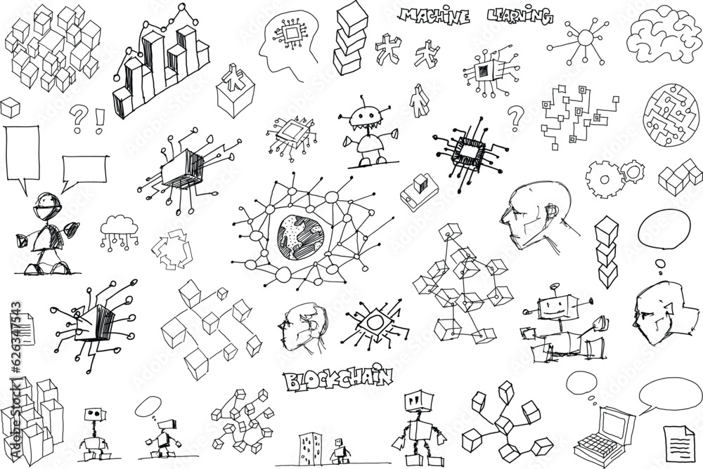 hand drawn architectural sketches of artificial intelligence topics and robots and future and science topics and machine learning and circuits