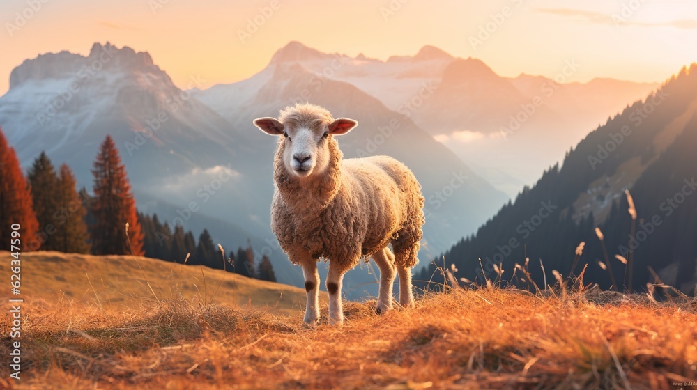 Fototapeta premium Sunrise Serenity in the Dolomites: A High-Resolution Capture of Grazing Sheep, Majestic Mountain Peaks, and Mystical Morning Mist under a Pastel Dawn Sky