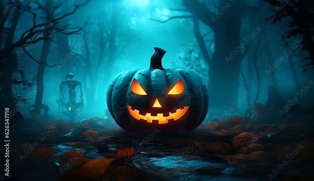 Halloween background with pumpkin lantern in spooky forest, generative ai Halloween background with pumpkin lantern in spooky forest, generative ai