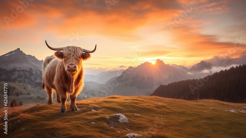 Sunrise Serenity in the Dolomites: A High-Resolution Capture of Grazing Beautiful Cow, Majestic Mountain Peaks, and Mystical Morning Mist under a Pastel Dawn Sky