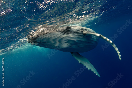 A humpback whale swimming in the ocean near Tonga.