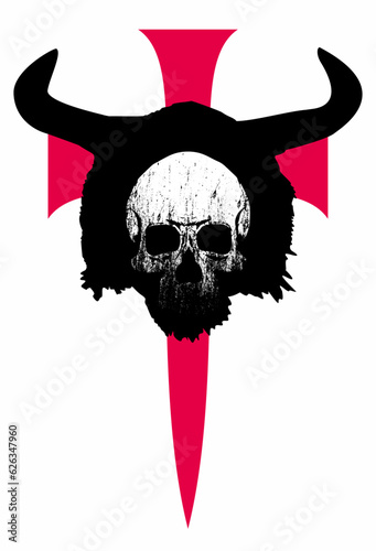 Viking skull t-shirt design on a large red medieval cross isolated on white. vector illustration for themes of medieval wars.