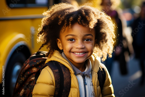 Back to school. Portrait of a cute smiling dark-skinned boy on the background of a yellow school bus.
