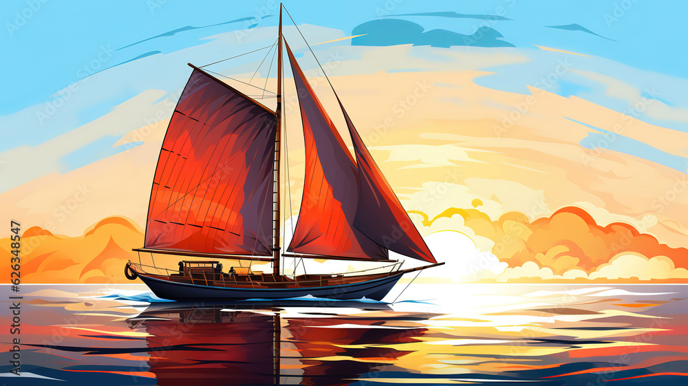 Illustration with sailing vessel, Bright color. Generative Ai