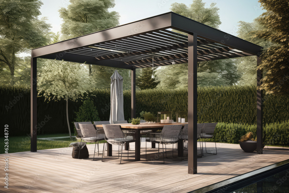Modern black bio climatic pergola with top view on an outdoor patio. Teak wood flooring, a pool, and lounge chairs. green grass and trees in a garden, generative AI	