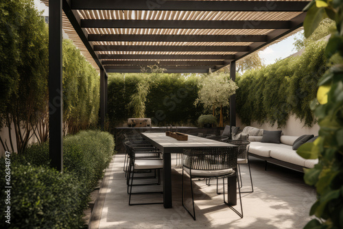 Leinwand Poster Modern black bio climatic pergola with top view on an outdoor patio