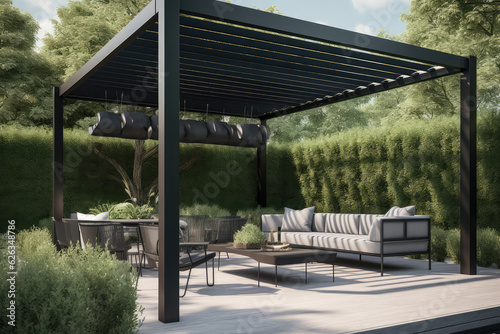 Modern black bio climatic pergola with top view on an outdoor patio. Teak wood flooring, a pool, and lounge chairs. green grass and trees in a garden, generative AI	