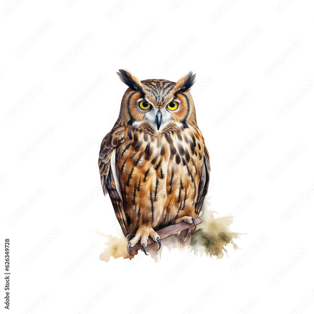 Naklejka premium Uhu Illustration, Zeichnung, Wasserfarben, ideal für Bücher, Kinderbücher, Magazine, Blogs, Poster, T-Shirts, Plakate, weitere Tier im gleichen Stil verfügbar
