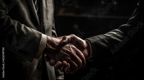 two businessman handshake isolated on a black background. successfully negotiate. handshake. two businessman shake hand with partner to confirm business deal. Made With Generative AI. © John Martin