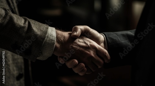 two businessman handshake isolated on a black background. successfully negotiate. handshake. two businessman shake hand with partner to confirm business deal. Made With Generative AI.