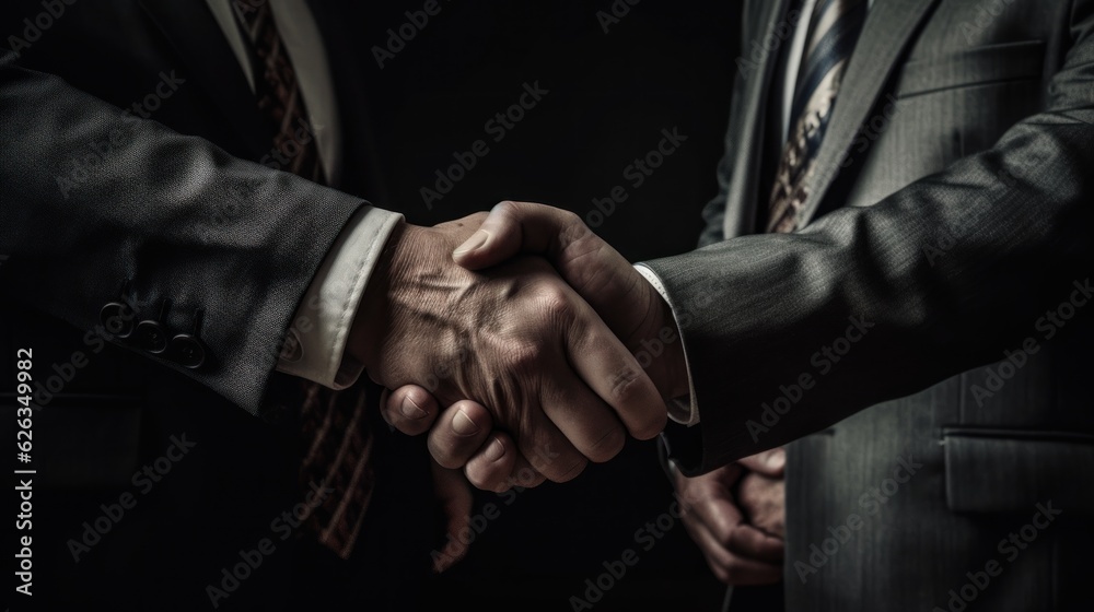 two businessman handshake isolated on a dark background. successfully negotiate. handshake. two businessman shake hand with partner to confirm business deal. Made With Generative AI.