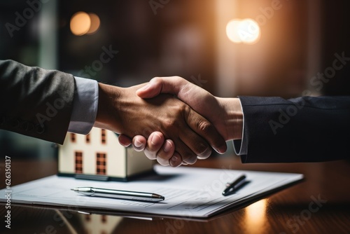 Handshakes in Front of House Layout. Handshake. Handshakes on the Background of the Brokerage Office. House Layout. House Trading. Made With Generative AI.