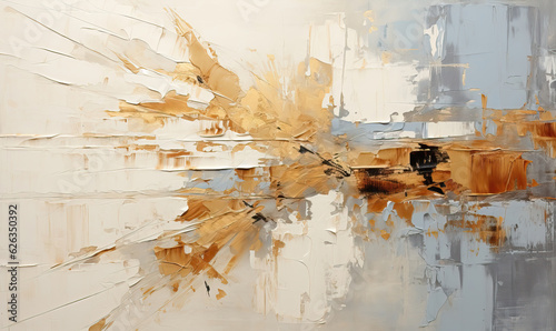 Oil painting and paste structure in white and gold colors.