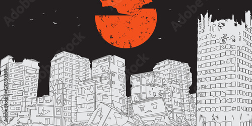 destroyed building line art illustration. building collapse due to earthquake natural disaster