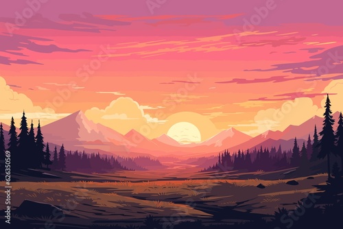 Summer sunset flat landscape illustration