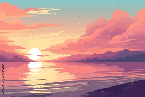 Summer sea sunset flat landscape illustration © Cubydesign