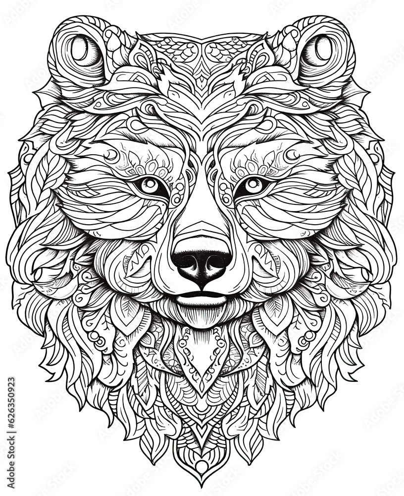 Obraz premium Mandala, black and white illustration for coloring animals, bear.