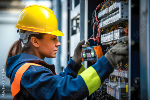 Fototapet Female commercial electrician at work on a fuse box, adorned in safety gear, dem