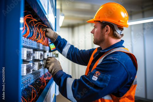 Male commercial electrician at work on a fuse box, adorned in safety gear, demonstrating professionalism photo
