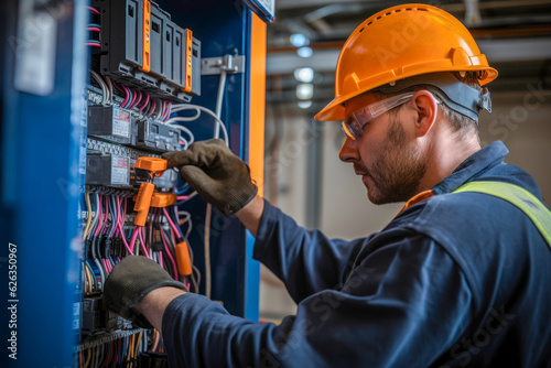 Male commercial electrician at work on a fuse box, adorned in safety gear, demonstrating professionalism